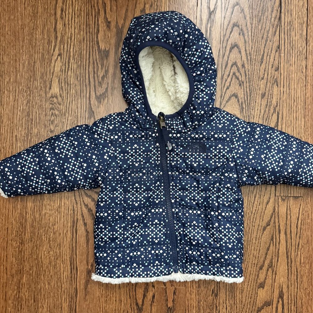 The North Face Infant Hooded Winter Jacket - 3-6M - Navy Blue w/ White Dot Print
